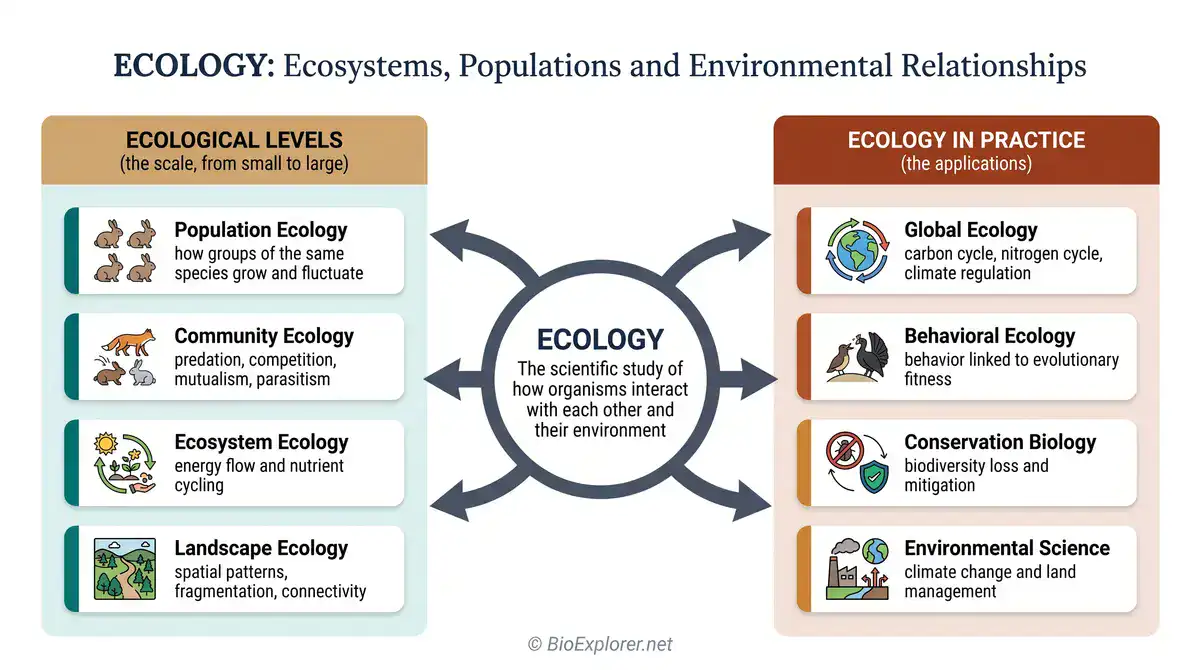 Ecology glossary infographic explaining ecosystems, populations, and environmental relationships, including population ecology, community ecology, ecosystem ecology, landscape ecology, global ecology, behavioral ecology, conservation biology, and environmental science.