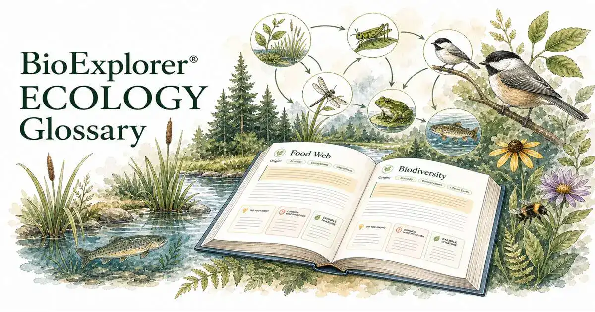 BioExplorer ecology glossary featured image with a food web, biodiversity, pond ecosystem, birds, fish, frog, insects, plants, and an open glossary book.