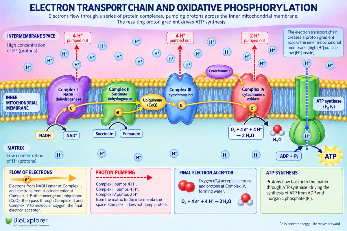 Electron transport chain and oxidative phosphorylation infographic showing mitochondrial Complexes I–IV, CoQ, cytochrome c, proton pumping, oxygen reduction to water, and ATP synthase producing ATP.