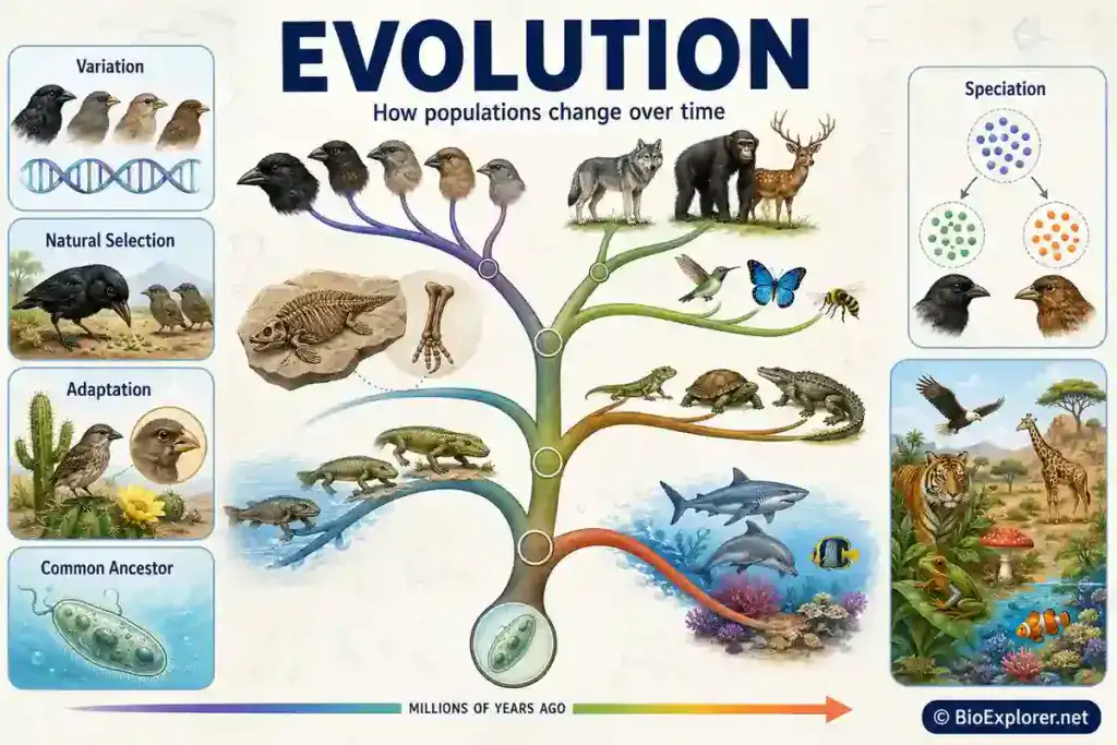 Evolution infographic showing inherited variation, natural selection, adaptation, common ancestry, speciation, fossils, and diverse organisms changing over millions of years.