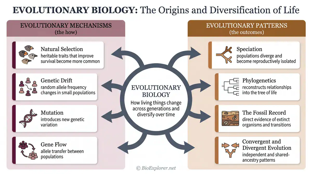 Evolutionary biology glossary infographic showing the origins and diversification of life, including natural selection, genetic drift, mutation, gene flow, speciation, phylogenetics, the fossil record, and convergent and divergent evolution.