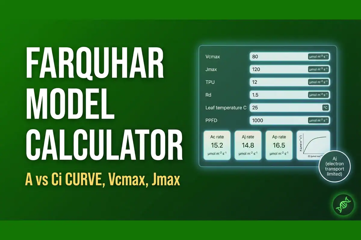 Farquhar photosynthesis simulator interface with Vcmax, Jmax, TPU, and Rd input fields, A vs Ci curve chart with three limit rate lines (Ac, Aj, Ap), and net assimilation rate display with limiting regime pill.