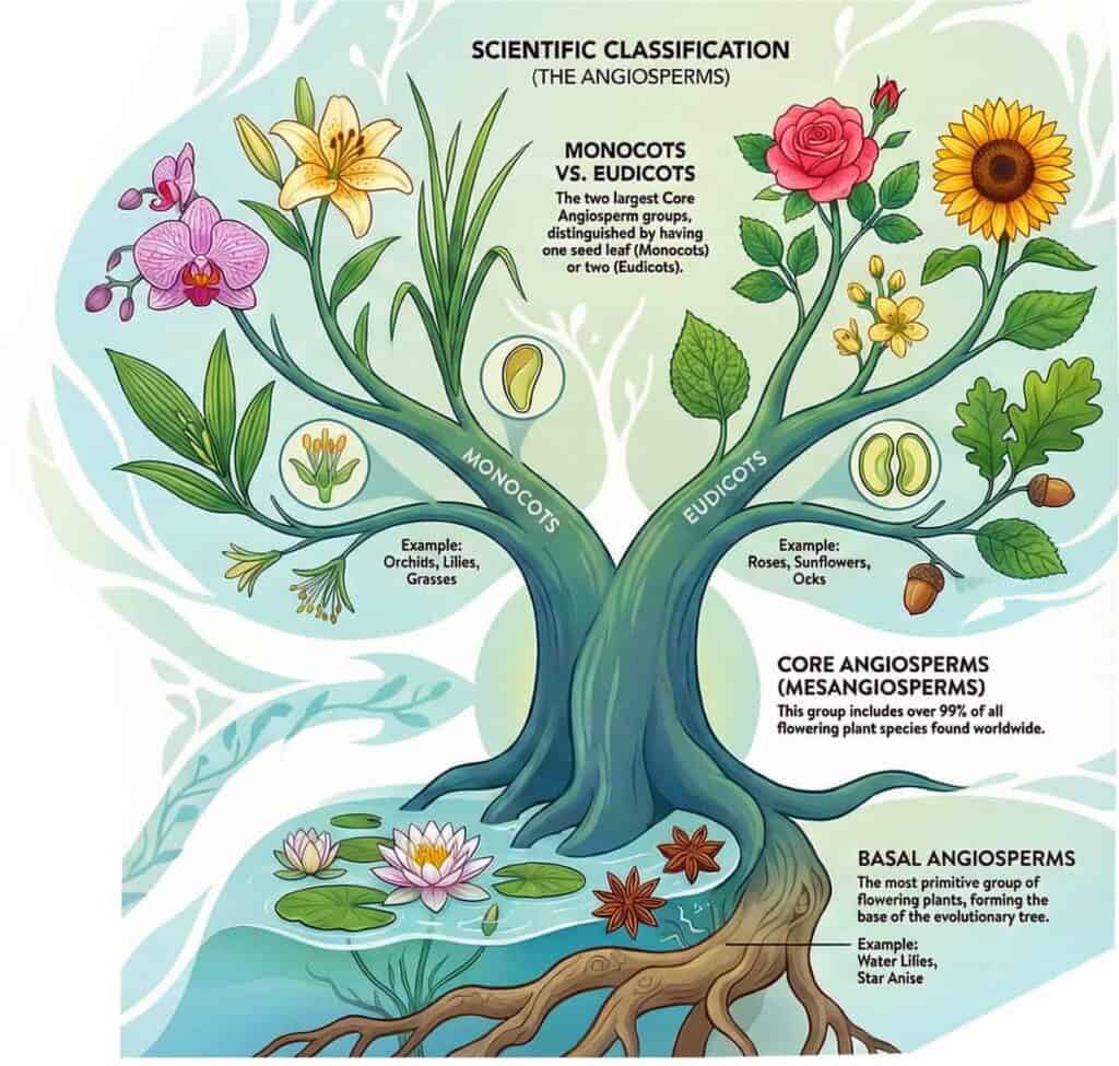Scientific classification diagram of flowering plants (angiosperms) showing monocots vs eudicots, core angiosperms, and basal angiosperms with examples like orchids, lilies, roses, sunflowers, water lilies, and star anise.