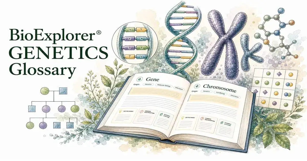 BioExplorer genetics glossary featured image with DNA, gene, chromosome, inheritance chart, Punnett square, molecules, and an open glossary book.