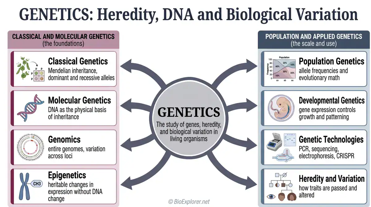 Genetics glossary infographic explaining heredity, DNA, and biological variation, including classical genetics, molecular genetics, genomics, epigenetics, population genetics, developmental genetics, genetic technologies, and heredity and variation.