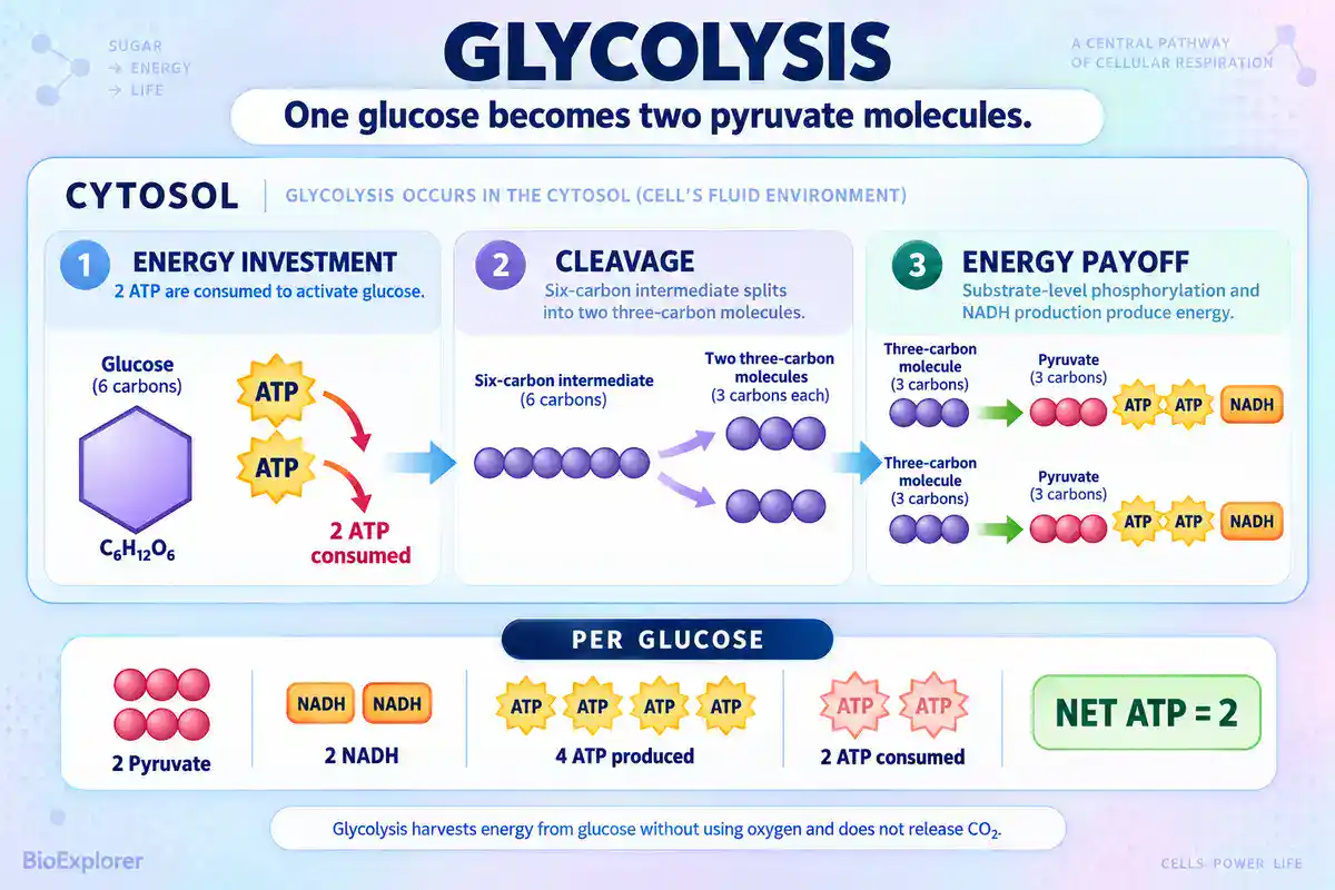 Glycolysis infographic showing one glucose molecule split into two pyruvate in the cytosol, with 2 ATP consumed, 4 ATP produced, 2 NADH formed, and a net gain of 2 ATP.