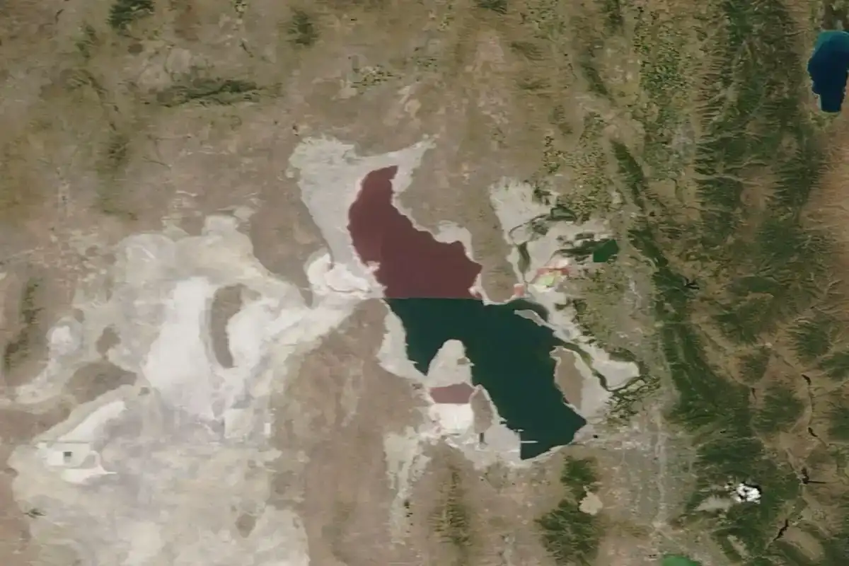 Satellite image of Great Salt Lake in Utah with a reddish north arm and a dark green south arm