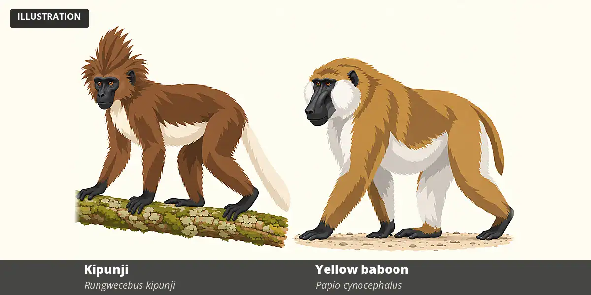 Illustration of a brown, crested kipunji beside a larger yellow-brown yellow baboon with a long muzzle