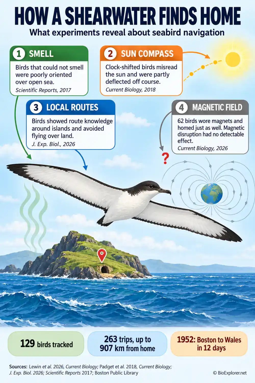 Infographic showing how a Manx shearwater finds home: smell, sun compass and local route knowledge as cues, and the 2026 magnet experiment showing no effect of magnetic disruption