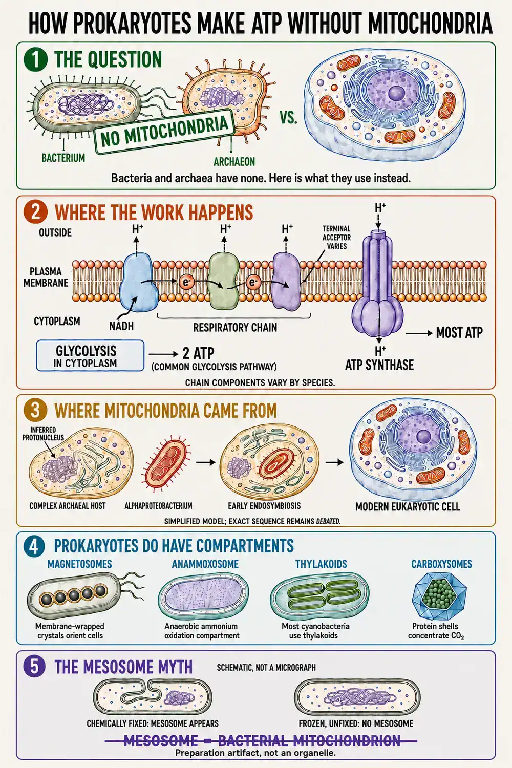 Infographic showing how prokaryotes produce ATP at the plasma membrane instead of in mitochondria, the archaeal origin of mitochondria, four prokaryotic compartments, and the mesosome fixation artifact.
