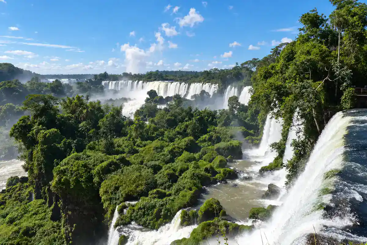 Iguazú Falls pouring over cliffs surrounded by green subtropical Atlantic Forest