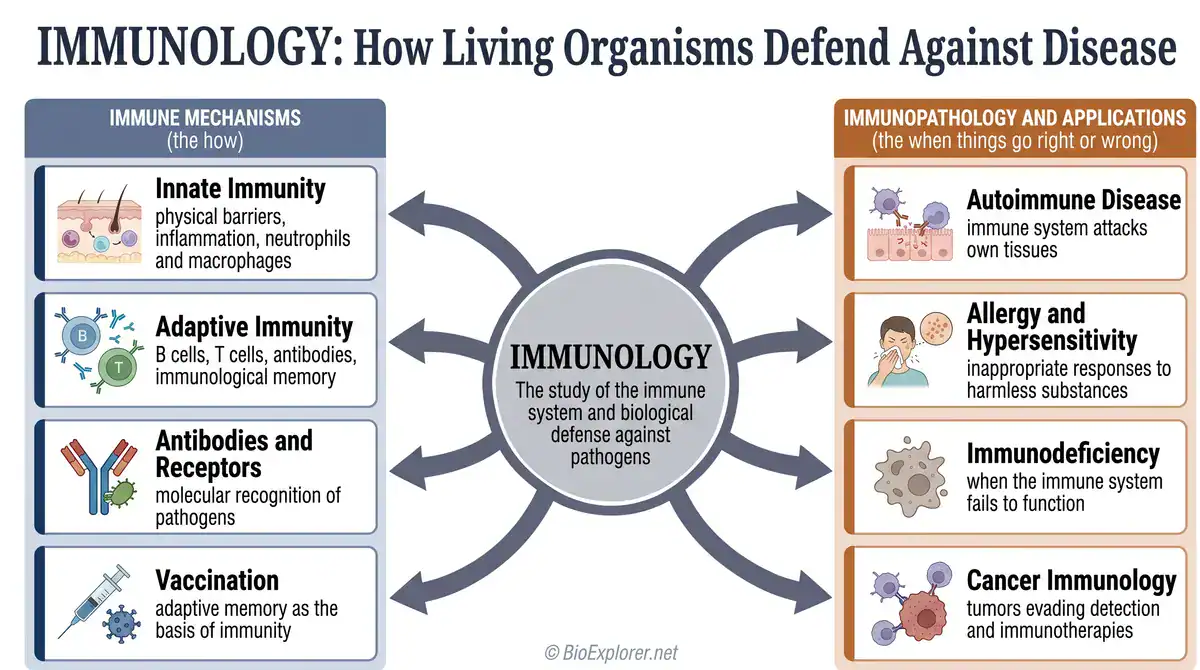 Immunology glossary infographic showing how living organisms defend against disease, including innate immunity, adaptive immunity, antibodies, receptors, vaccination, autoimmune disease, allergy, hypersensitivity, immunodeficiency, and cancer immunology.