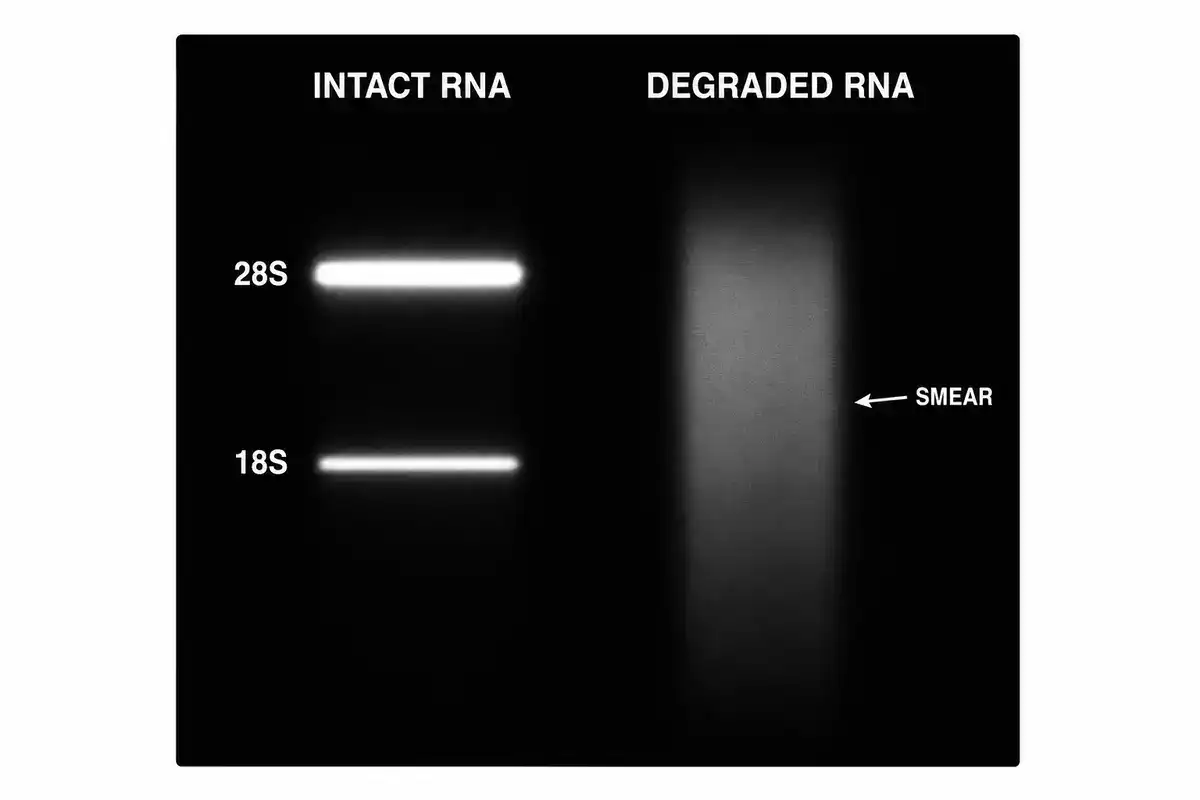 Diagram comparing intact RNA with sharp 28S and 18S ribosomal RNA bands to degraded RNA showing a smeared, low-quality gel lane