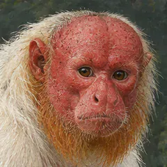 Head of a Kanamari white uakari showing its bare red face and reddish orange beard Head of a Kanamari white uakari showing its bare red face and reddish orange beard