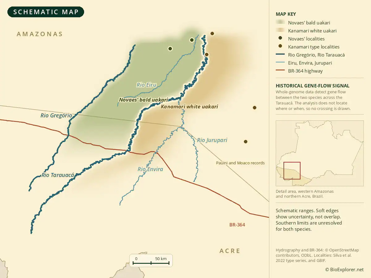 Kanamari White Uakari Range Map of the Kanamari white uakari and Novaes bald uakari ranges on opposite banks of the Rio Tarauaca in Brazil