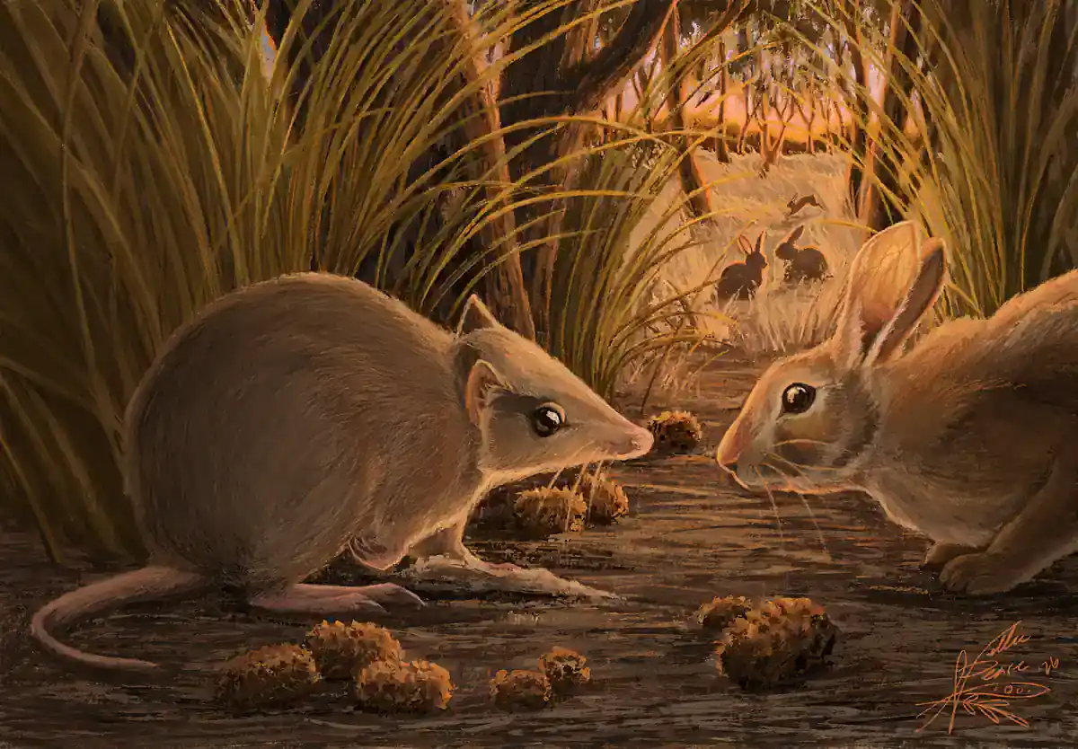 Illustration Little Brown Bandicoot (Isoodon microtis). Artist Nellie Piese © WA Museum Painting of a small brown bandicoot facing a rabbit on a path through tall grass and woodland at dusk