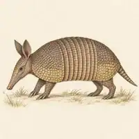 Illustration of a Llanos long-nosed armadillo with a brownish banded shell and yellowish sides, walking through dry grassland