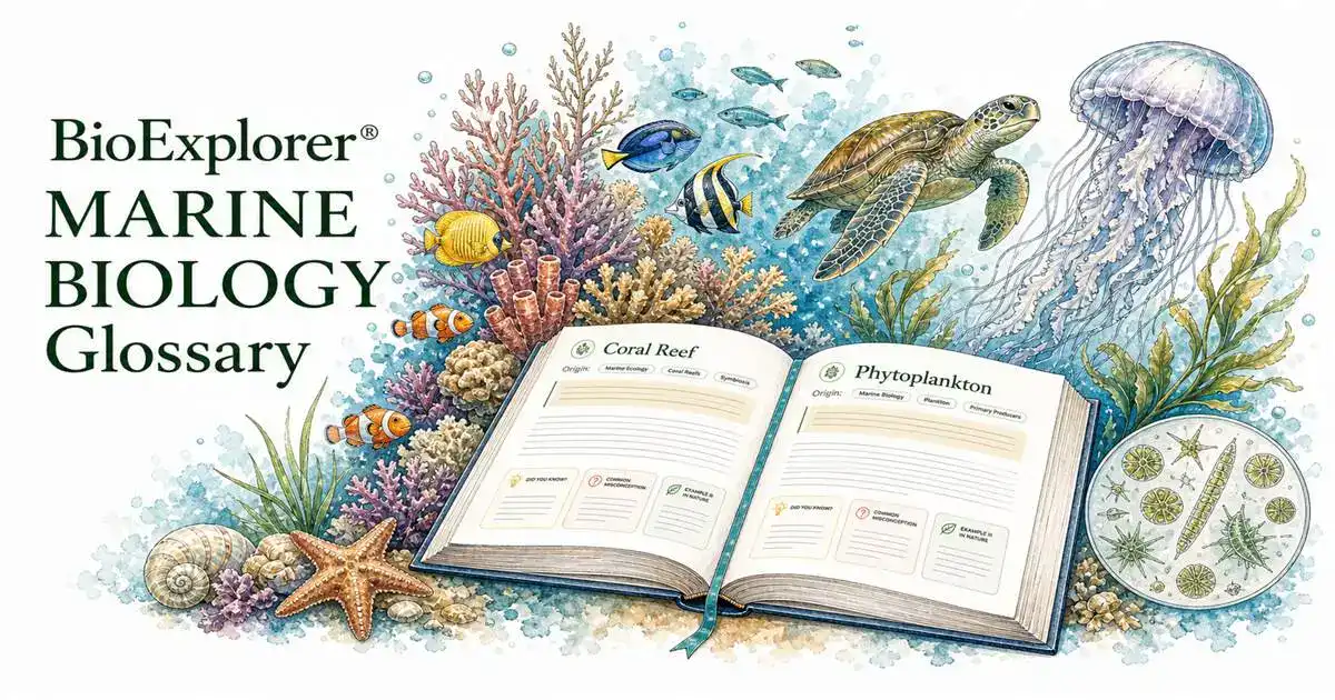 BioExplorer marine biology glossary featured image with coral reef, fish, sea turtle, jellyfish, phytoplankton, starfish, shells, and an open glossary book.