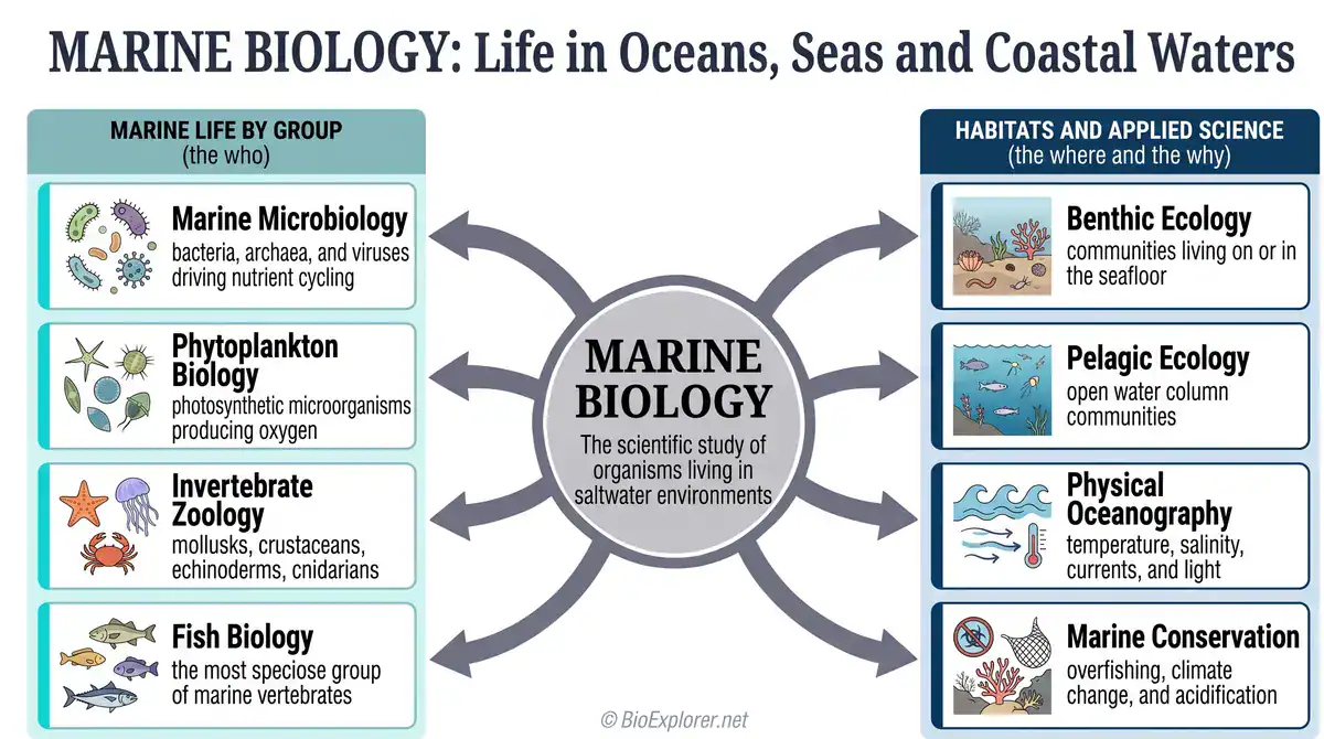 Marine biology glossary infographic explaining life in oceans, seas, and coastal waters, including marine microbiology, phytoplankton biology, invertebrate zoology, fish biology, benthic ecology, pelagic ecology, physical oceanography, and marine conservation.