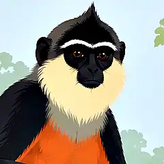 Illustrated head of a Mentawai langur with a black crown, a whitish brow band and a pale yellowish-white throat Illustrated head of a Mentawai langur with a black crown, a whitish brow band and a pale yellowish-white throat