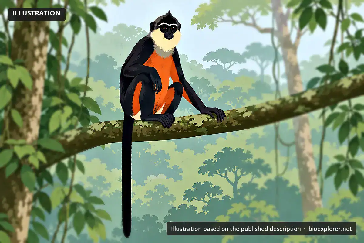 Mentawai Langur Illustration of a Mentawai langur with a black back and tail, a pale yellowish-white throat and a bright reddish-orange belly, sitting on a rainforest branch