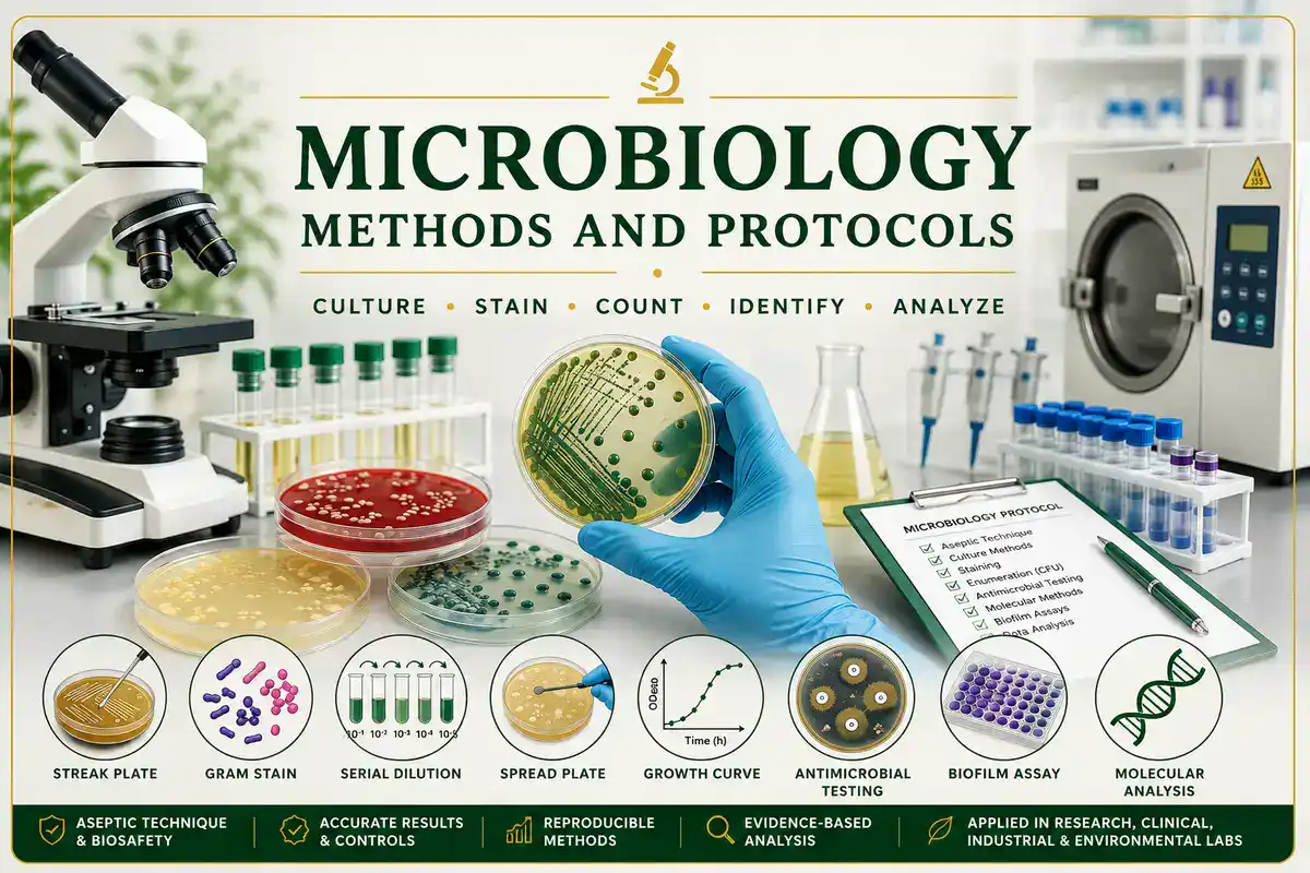 Microbiology Methods and Protocols featured image showing a microscope, petri dishes with bacterial colonies, gloved hand holding a streak plate, test tubes, pipettes, autoclave, microbiology protocol checklist, Gram stain, serial dilution, growth curve, antimicrobial testing, biofilm assay, and molecular analysis icons