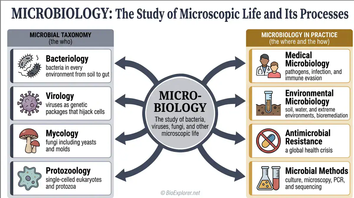 Microbiology glossary infographic showing microscopic life and its processes, including bacteriology, virology, mycology, protozoology, medical microbiology, environmental microbiology, antimicrobial resistance, and microbial methods.