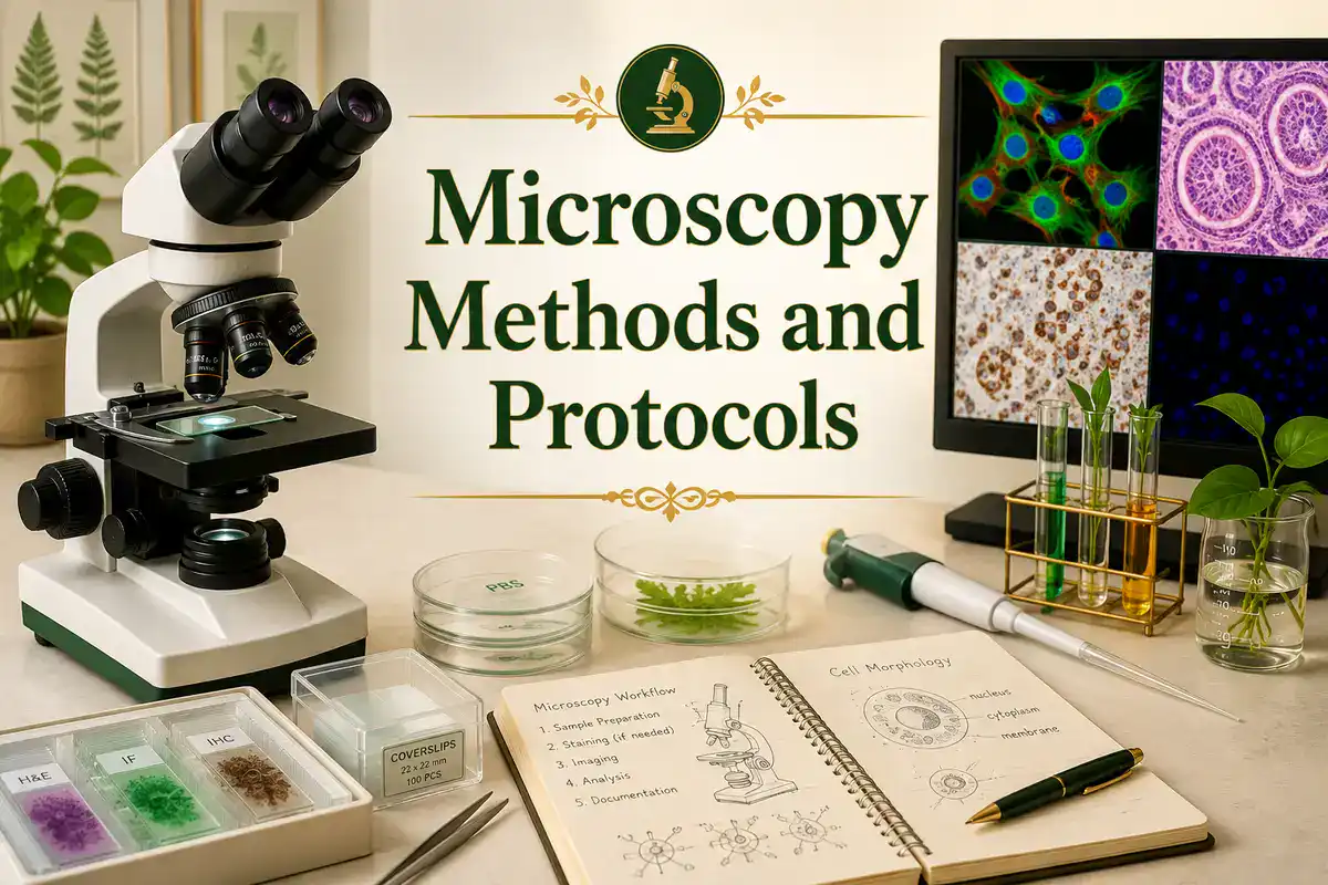 Microscopy Methods and Protocols featured image showing a compound microscope, fluorescence and histology images on a monitor, prepared slides, coverslips, petri dishes, pipette, test tubes, plant specimens, and an open lab notebook with microscope workflow and cell morphology sketches in BioExplorer green and gold tones