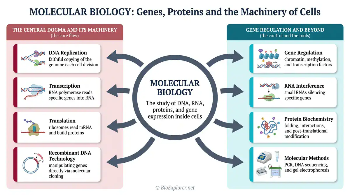 Molecular biology glossary infographic explaining genes, proteins, and cellular machinery, including DNA replication, transcription, translation, recombinant DNA technology, gene regulation, RNA interference, protein biochemistry, and molecular methods.