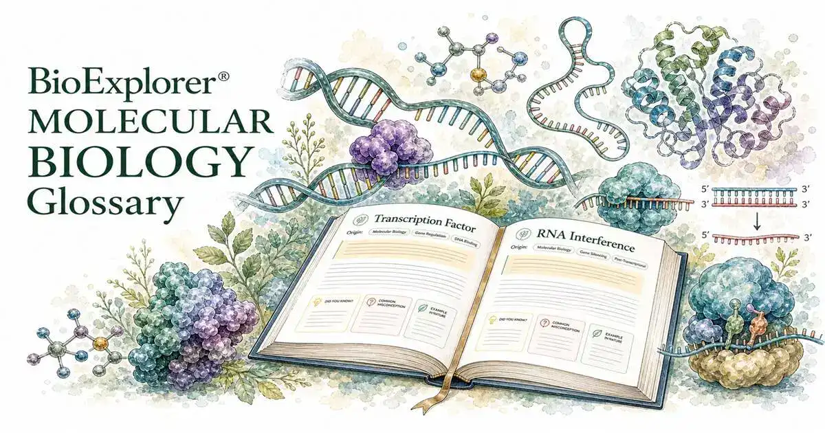 BioExplorer molecular biology glossary featured image with DNA, RNA interference, transcription factor, proteins, molecules, gene regulation, and an open glossary book.