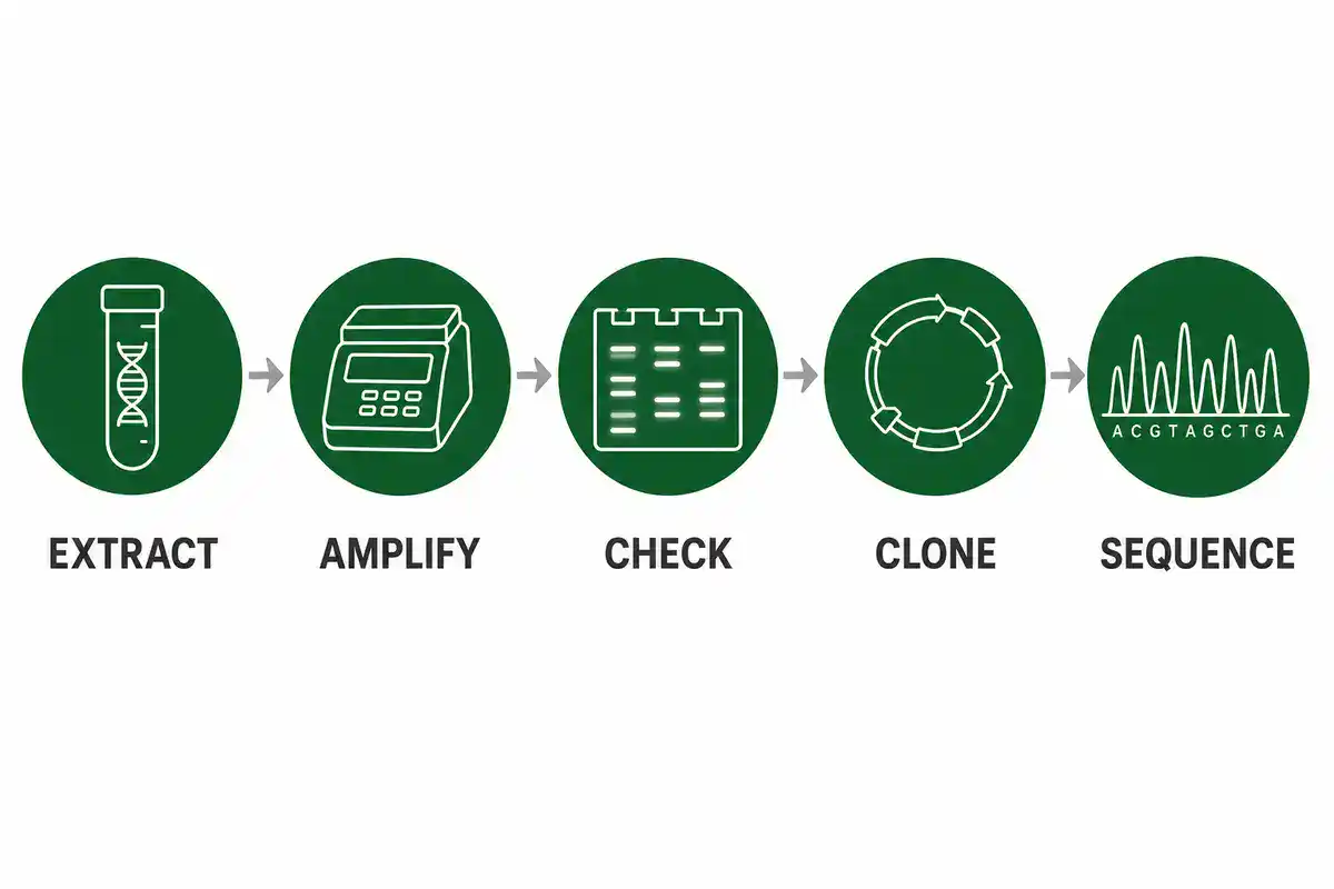 Molecular biology workflow diagram showing five steps: extract DNA, amplify by PCR, check on a gel, clone into a plasmid, and sequence