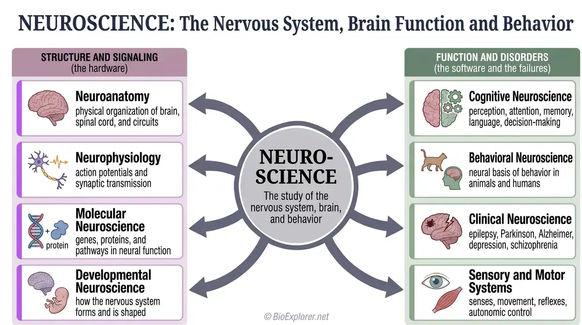 Neuroscience glossary infographic showing the nervous system, brain function, and behavior, including neuroanatomy, neurophysiology, molecular neuroscience, developmental neuroscience, cognitive neuroscience, behavioral neuroscience, clinical neuroscience, and sensory and motor systems.