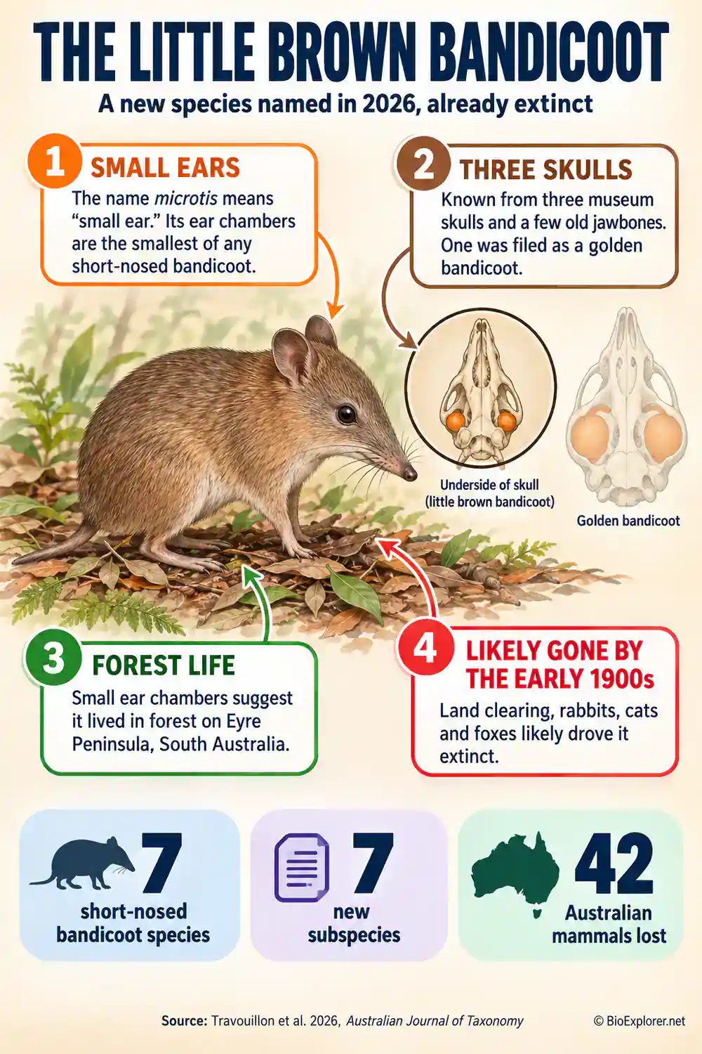 New Bandicoot Species Infographic Infographic on the Little Brown Bandicoot: small ear chambers compared with a golden bandicoot skull, known from three skulls, forest life on Eyre Peninsula, likely gone by the early 1900s