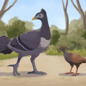 Illustration of the giant extinct megapode Megapodius rokusi walking beside the much smaller orange-footed scrubfowl