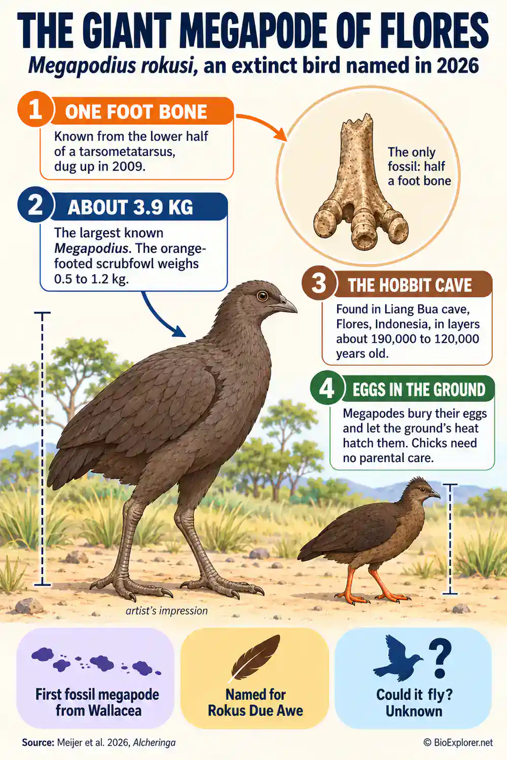 Infographic on the giant megapode Megapodius rokusi: an artist's impression of the extinct bird beside the smaller orange-footed scrubfowl, its only fossil foot bone, its 3.9 kg weight and Liang Bua cave