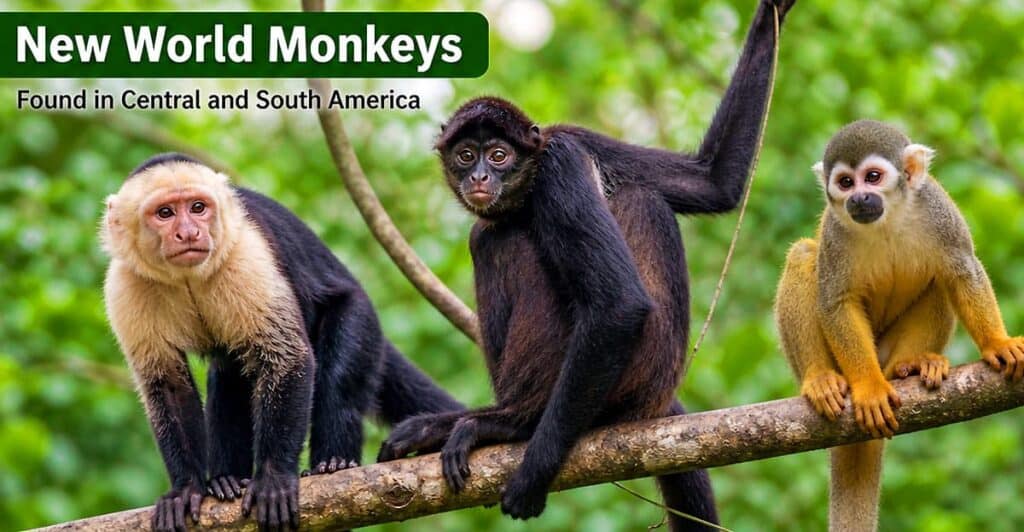 New World monkeys including capuchin, spider monkey, and squirrel monkey on tree branches in tropical rainforest showing prehensile tails and arboreal lifestyle