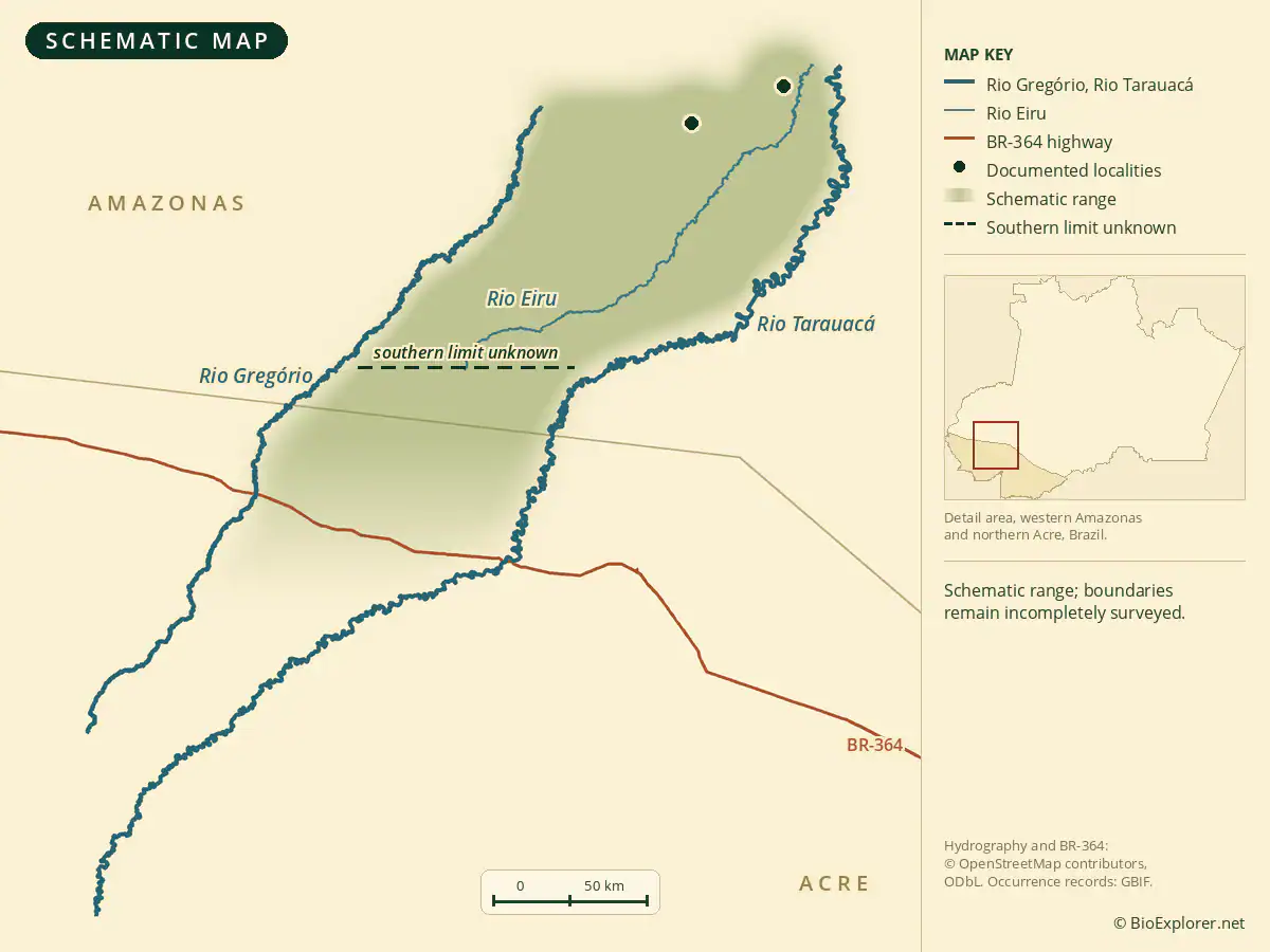 Map of the Novaes bald uakari range between the Rio Gregorio and the Rio Tarauaca in Amazonas, Brazil
