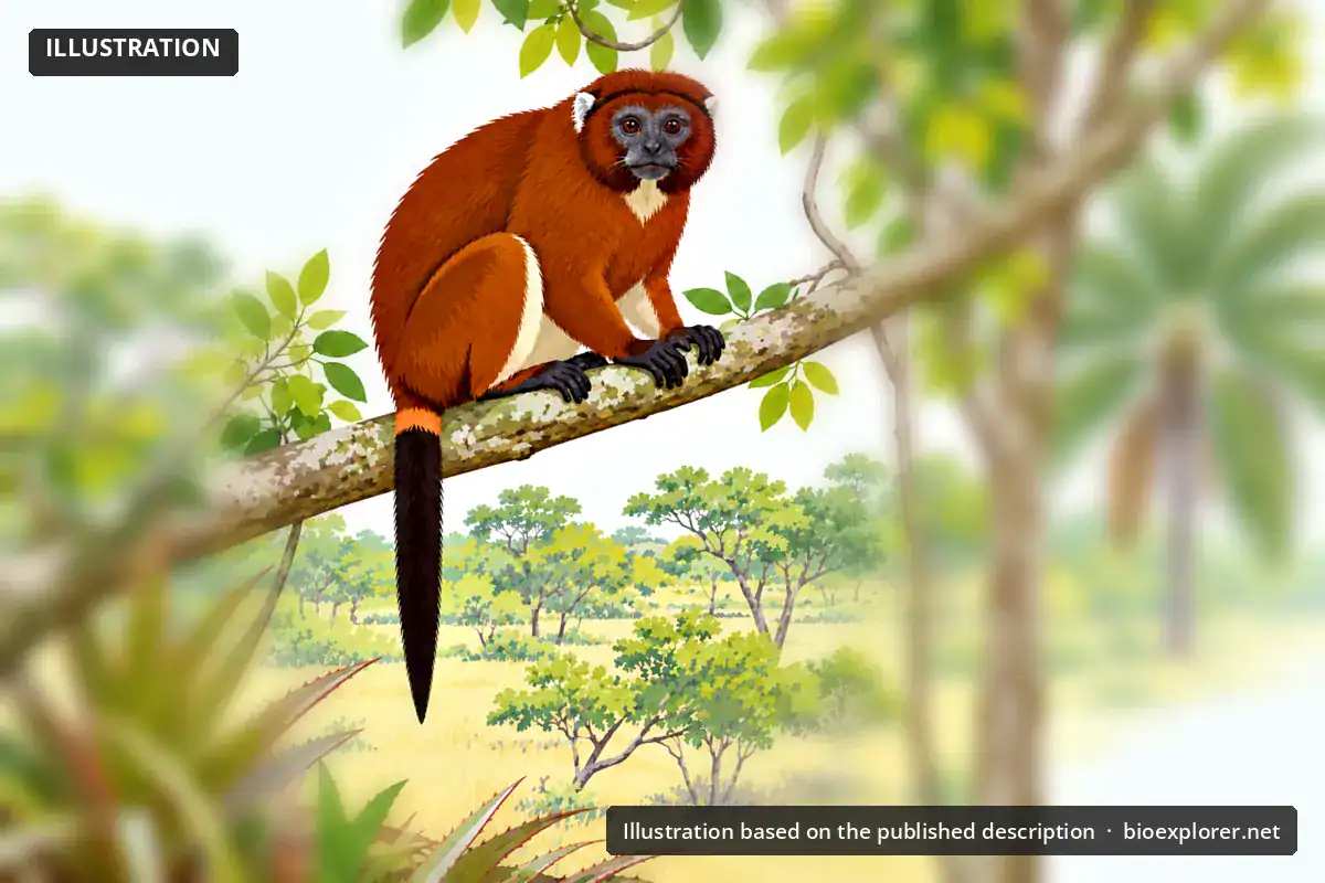 Olalla Brothers' Titi Vector illustration of an Olalla brothers' titi with a reddish-brown coat, creamy belly and dark tail with a pale orange base, sitting on a branch in a savanna forest island
