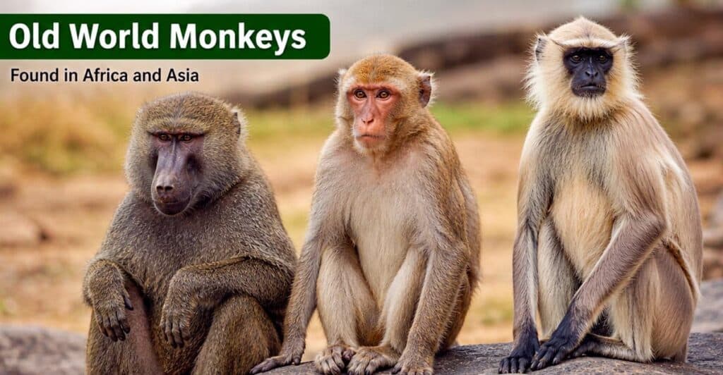 Old World monkeys including baboon, macaque, and langur sitting on rocky terrain in Africa and Asia showing downward facing nostrils and non grasping tails