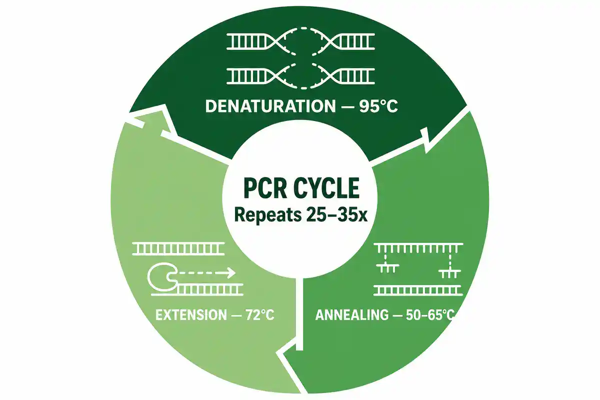 PCR cycle diagram showing the three repeating steps: denaturation at 95 degrees Celsius, annealing at 50 to 65 degrees Celsius, and extension at 72 degrees Celsius