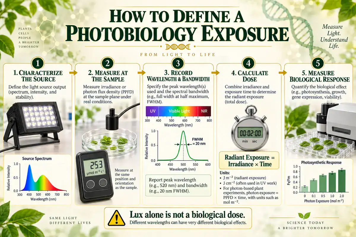 Photobiology exposure workflow showing light-source characterization, irradiance and photon flux measurement at the sample, UV-to-visible wavelength and bandwidth analysis, radiant exposure calculation, and measurement of biological responses such as photosynthesis.