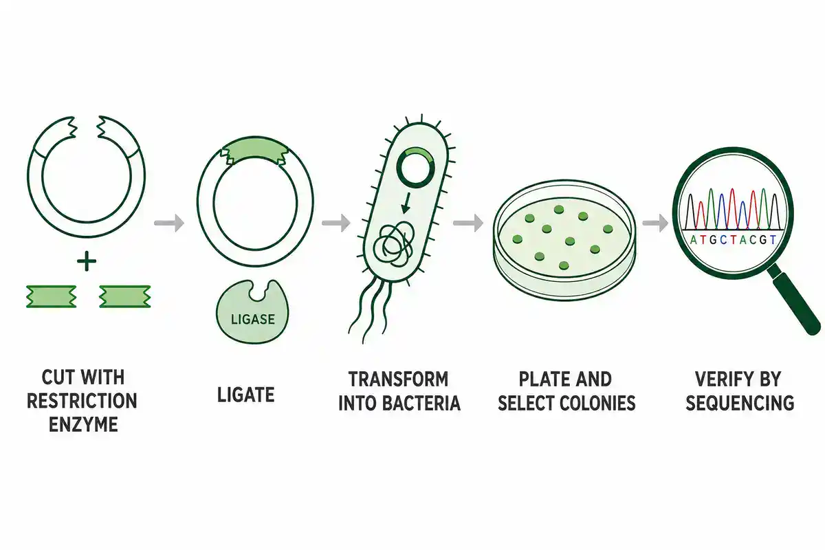 Plasmid cloning workflow diagram showing restriction digestion, ligation, bacterial transformation, colony selection, and sequencing verification steps