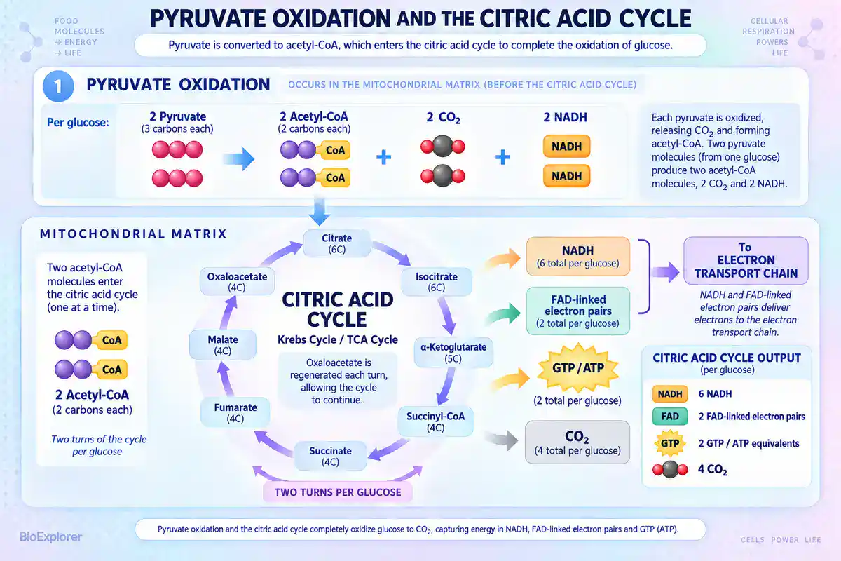 Pyruvate oxidation and citric acid cycle infographic showing two pyruvate converted to acetyl-CoA, followed by two Krebs cycle turns producing NADH, FAD-linked electron pairs, ATP equivalents, and carbon dioxide.