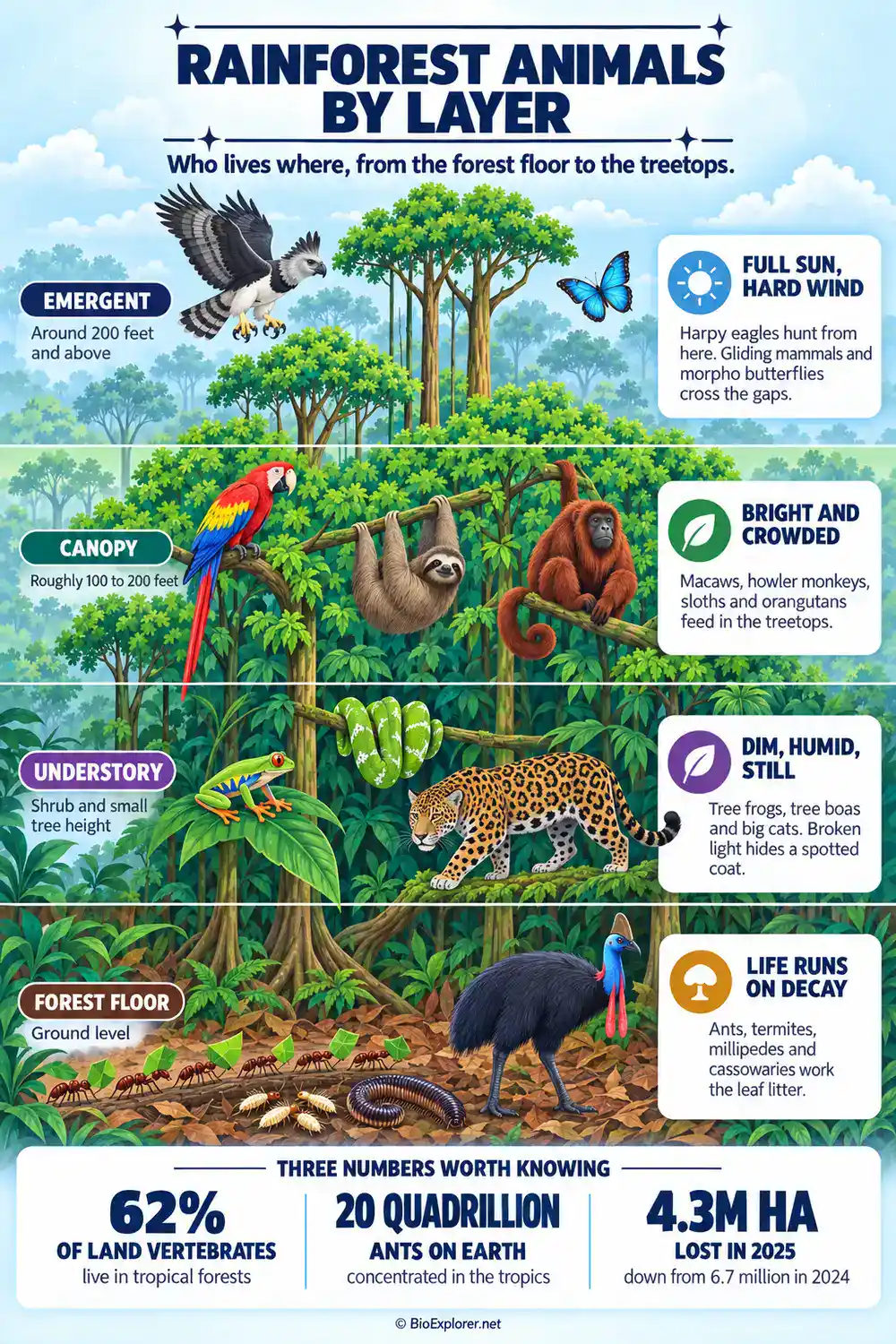 Rainforest animals by layer: emergent, canopy, understory and forest floor Infographic of rainforest animals by layer, showing harpy eagle, macaw, red howler monkey, jaguar and leafcutter ants with 62 percent of land vertebrates