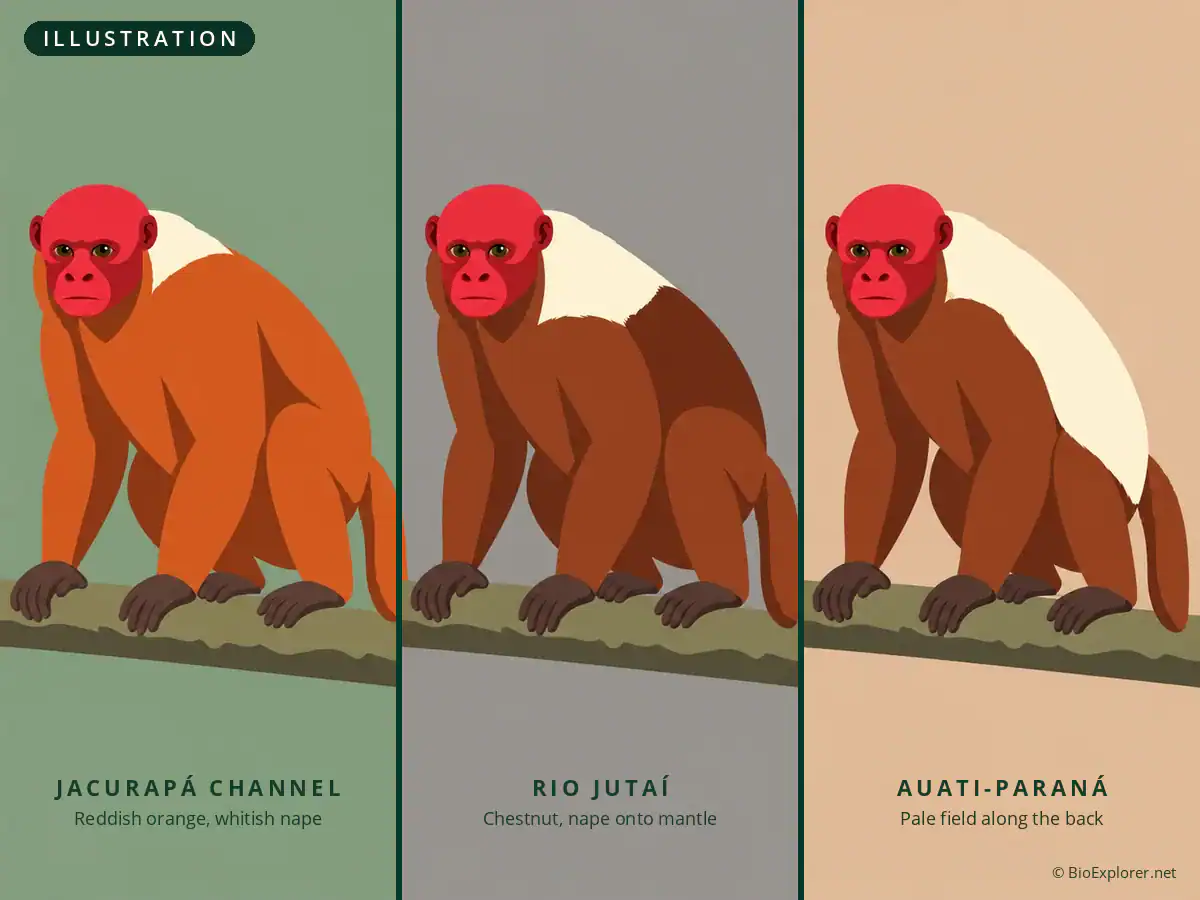 Plate comparing the three coat patterns of the red bald uakari populations
