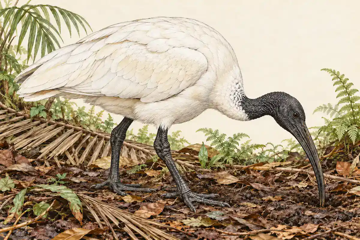 Illustration of the extinct Reunion Ibis probing forest leaf litter, showing its long downcurved bill, heavy build and full-sized wings