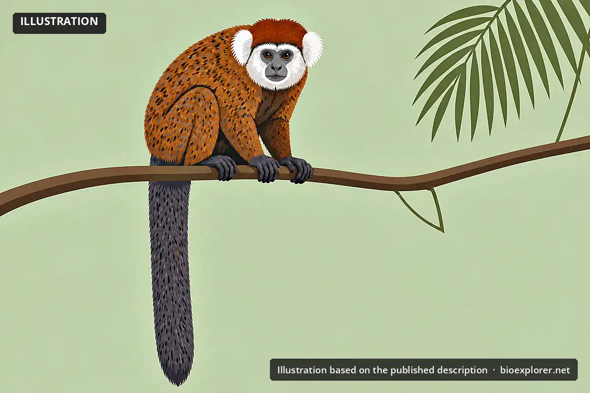 Rio Beni Titi Vector illustration of a Rio Beni titi with a banded brown coat, white face fur, white ear tufts and a long grayish tail, sitting on a branch