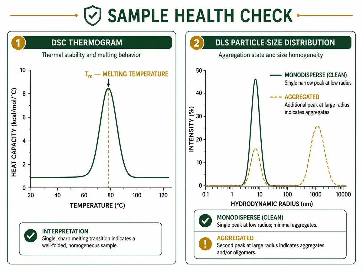 DSC thermogram and DLS particle-size distribution comparing stable versus aggregated protein samples
