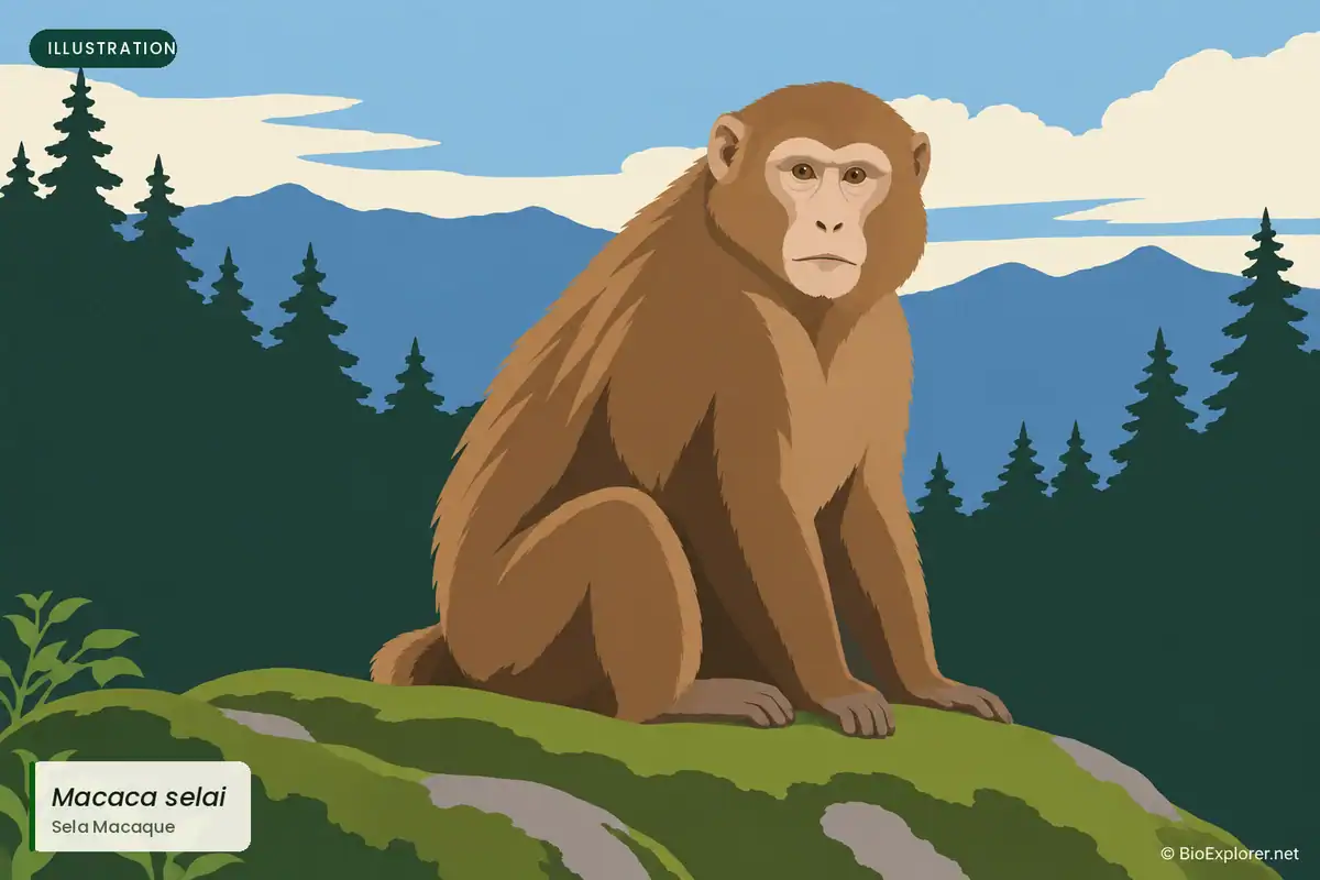 Sela Macaque Vector illustration of a Sela macaque showing a pale face and brown coat in Eastern Himalayan conifer forest