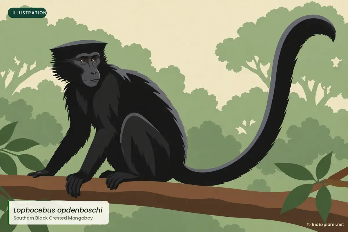 Southern Black Crested Mangabey Vector illustration of a southern black crested mangabey showing its all black coat and broad flat crown crest
